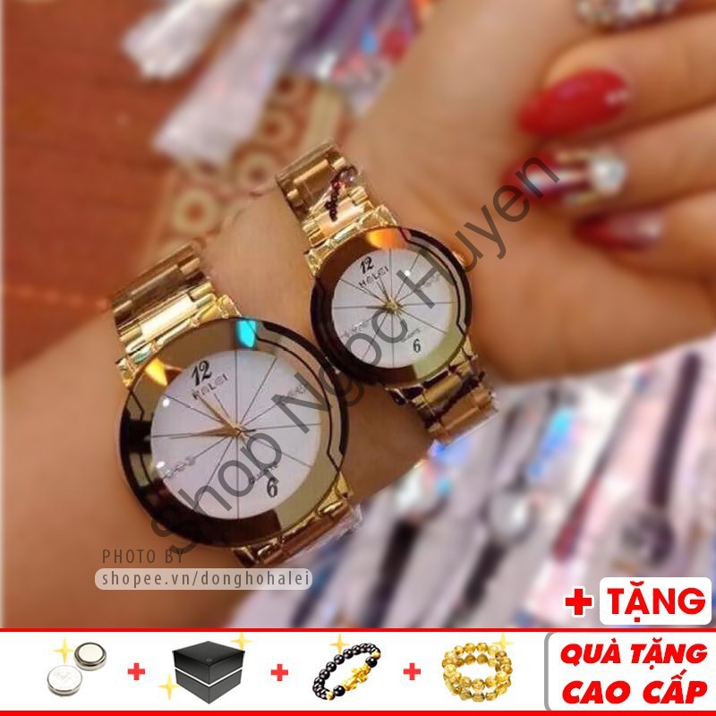 Đồng hồ cặp đôi Halei 668G Gold chống nước cao cấp chính hãng dây vàng sang trọng đẹp đôi - Shop Ngọc Huyền