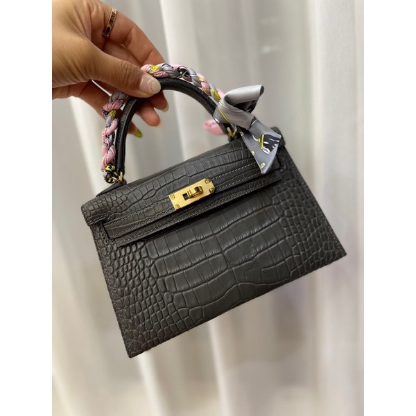 Túi xách nữ thương hiệu Hermes Kelly 19 da cá sấu sông neli bản màu đen