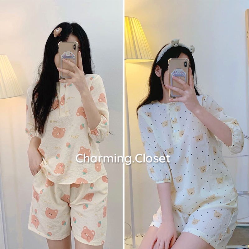 [Video/Ảnh thật] Bộ Pijama Cộc Tay Chất Đũi Nhăn Họa Tiết Siêu Xinh, Set Bộ Ngủ Pijama