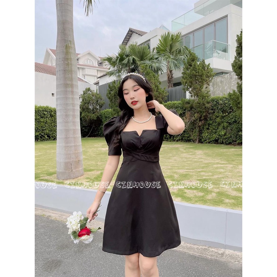 Đầm cổ vuông Mery 0102 phối tay phồng nơ vai trẻ trung CIN HOUSE