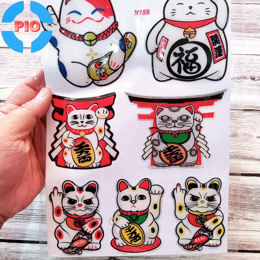 Bộ Tem Mèo Thần Tài Dập Nổi  Cao Cấp, Sticker cute Dán Xe Máy, Ô Tô, Mũ Bảo Hiểm, Chống Thấm