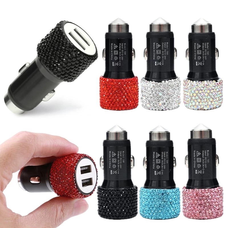 Bộ Sạc Nhanh USB Kép Đính Đá Chất Lượng Cao Cho iPhone / Android / Xe Hơi