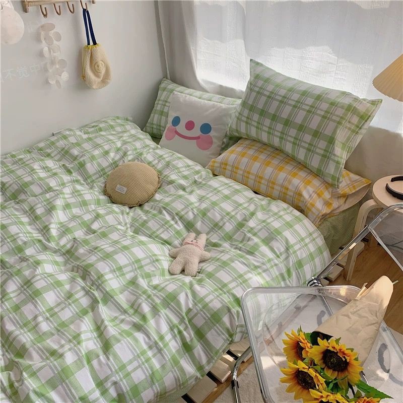 Bộ bốn mảnh cotton chất lượng tốt được giặt kiểu Nhật Bản có màu thuần khiết, đơn giản, khăn trải giường kẻ sọc giản