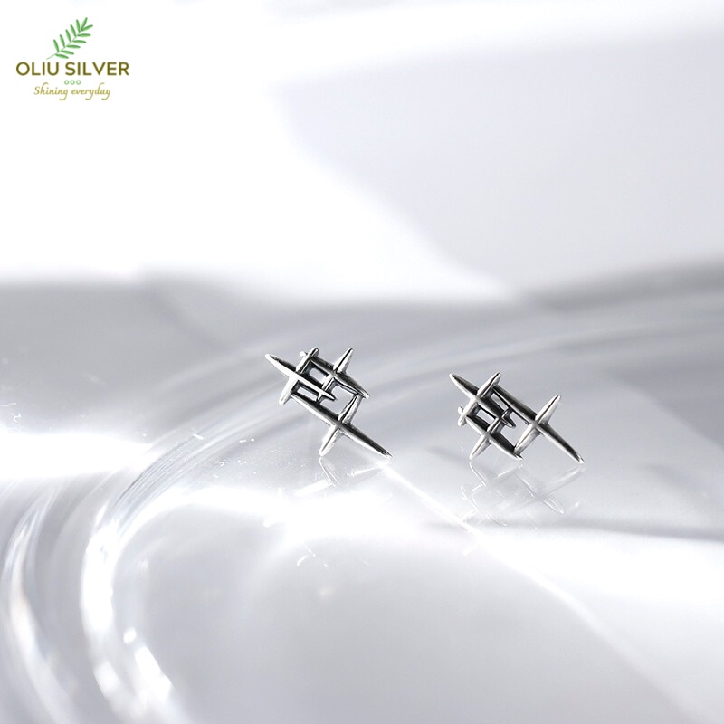 Bông Tai Bạc Thái S925 Retro Cross Star Ngôi Sao Trẻ Trung Cá Tính | Khuyên Tai Nữ Trang Sức Bạc Thời Trang