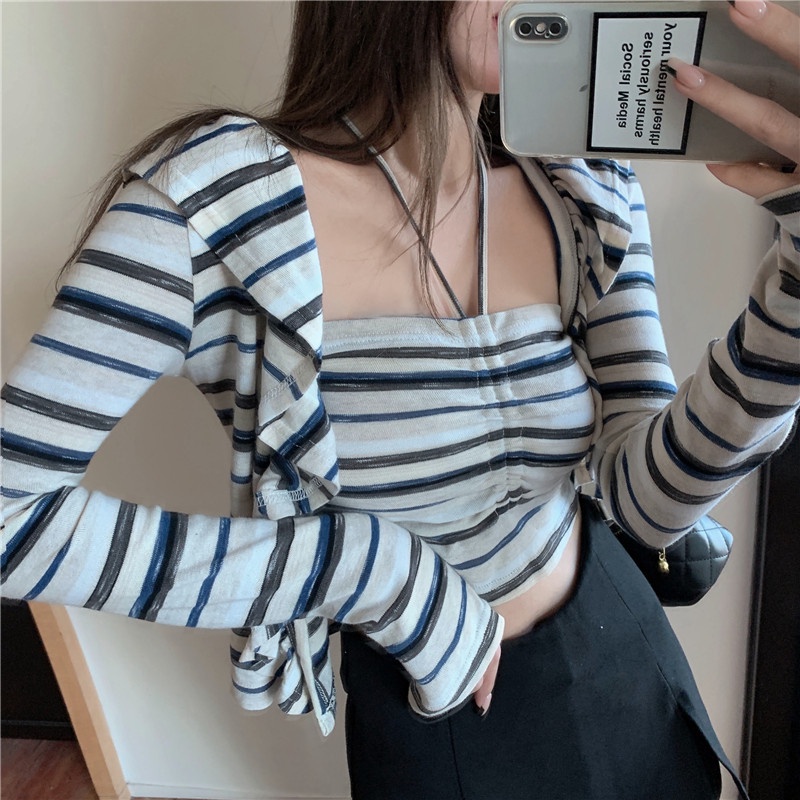 Áo cardigan ngắn tay dài kẻ sọc thiết kế