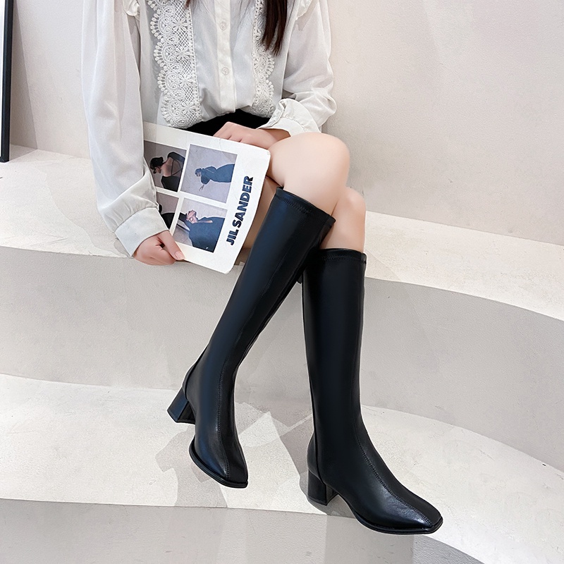 Giày bốt cao gót mũi vuông dài tới gối màu trơn phối khóa kéo thời trang cho nữ