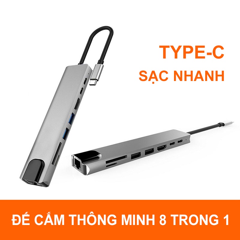 {HOT} Hub Type C 8in1-Cổng chuyển đổi HUB USB Type-C to HDMI,USB 3.0,0SD,TF,RJ45,PD Type-C cho Laptop Macbook{NBZJQ}