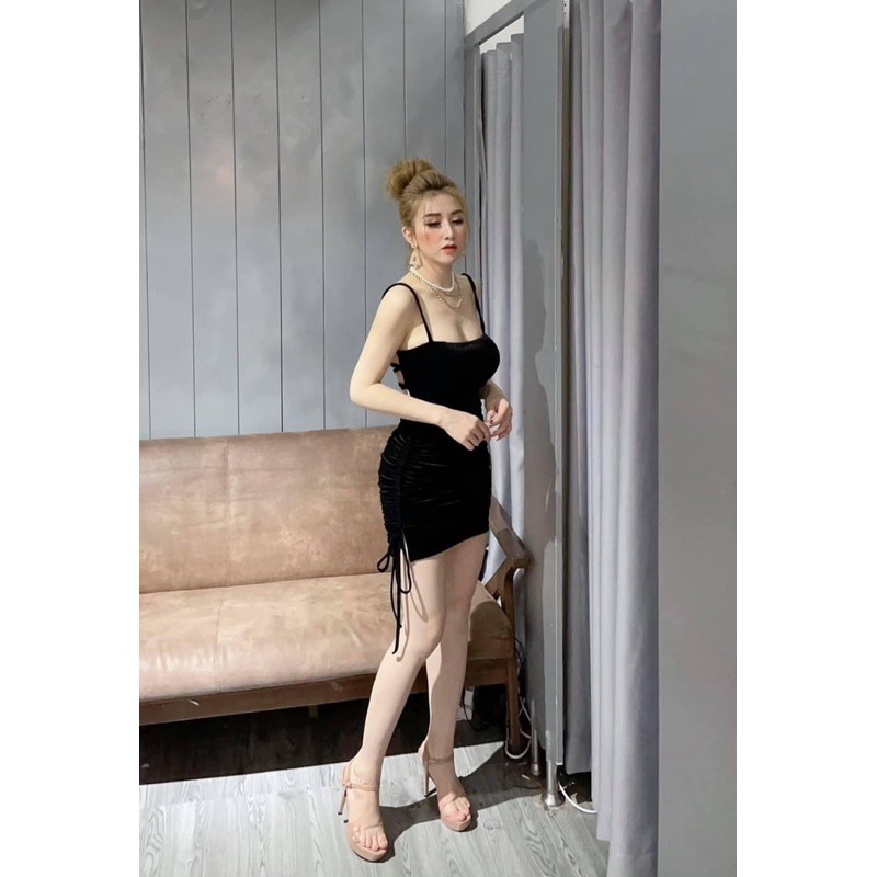 [Mã SKAMA06 giảm 8% tối đa 50K đơn 250K] Đầm nhung đan lưng dây rút 2bên có mút sẵn hình thật sp | BigBuy360 - bigbuy360.vn