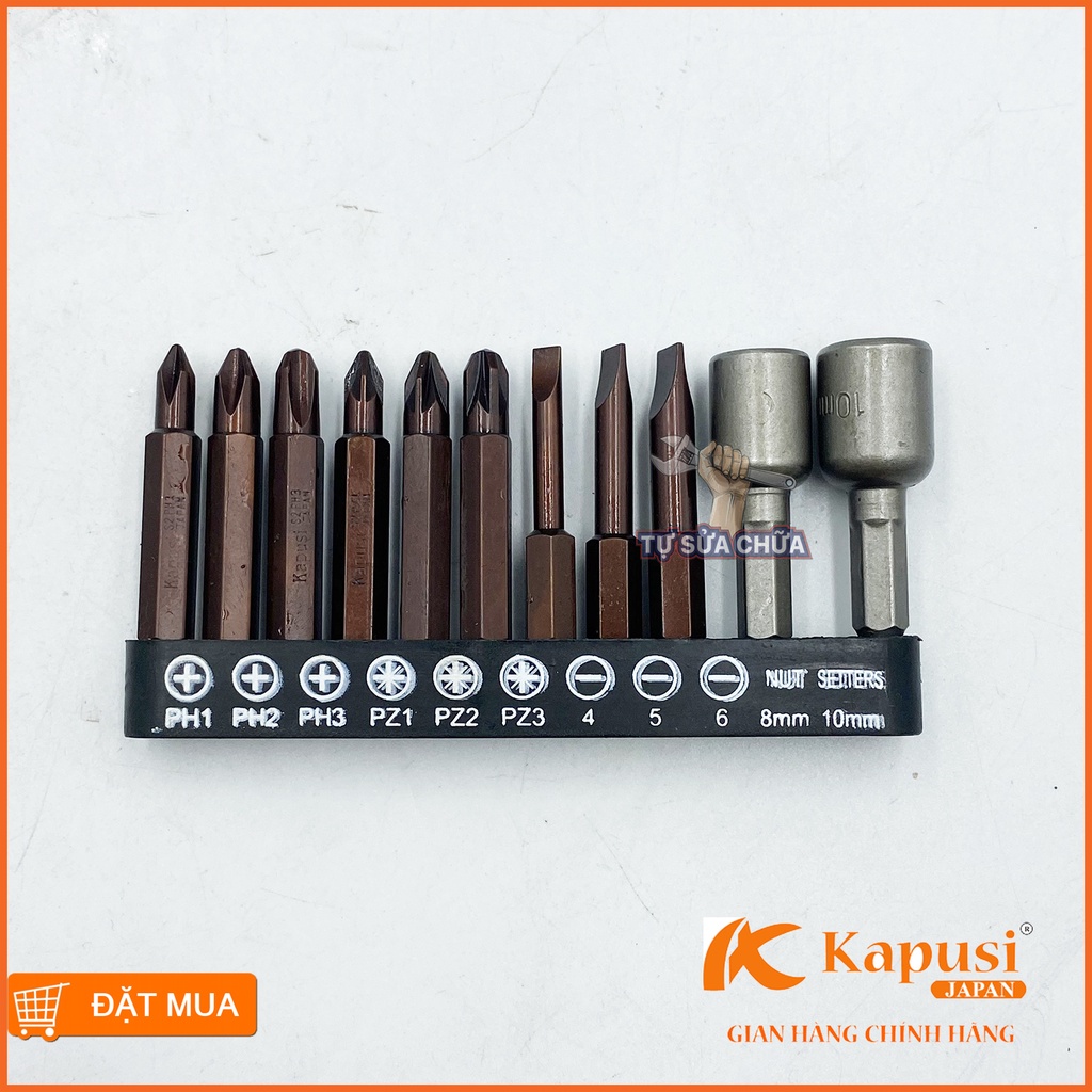 Bộ mũi vít cho máy khoan đầy đủ các loại mũi vít dẹt,bake, sao, đầu chụp chuôi lục giác thép S2 chính hãng Kapusi siêu b
