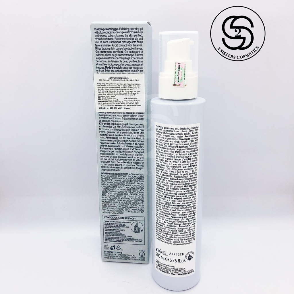 Gel rửa mặt thanh lọc cân bằng dầu Active Pureness Gel Comfort Zone. Gel rửa mặt thanh lọc da cho da dầu mụn