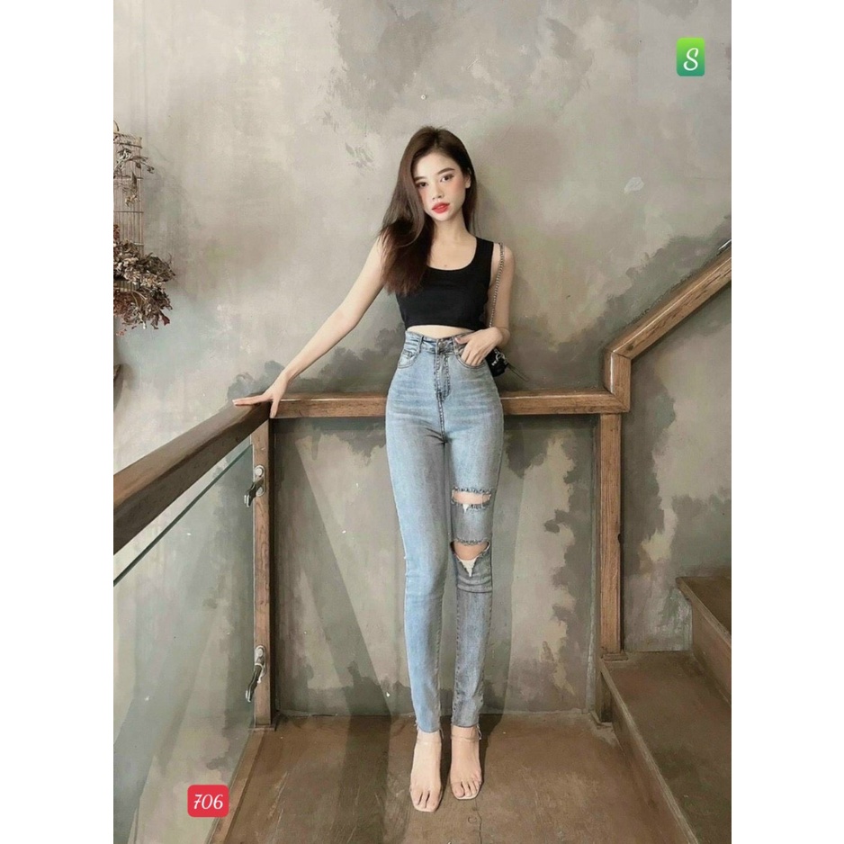 Quần Jean Nữ Lưng Cao 💖FREESHIP💖 Quần Bò Nữ Mẫu Mới Phối Rách Cá Tính Thời trang Chuẩn Hàng Shop Lady Fashion - QJNU7