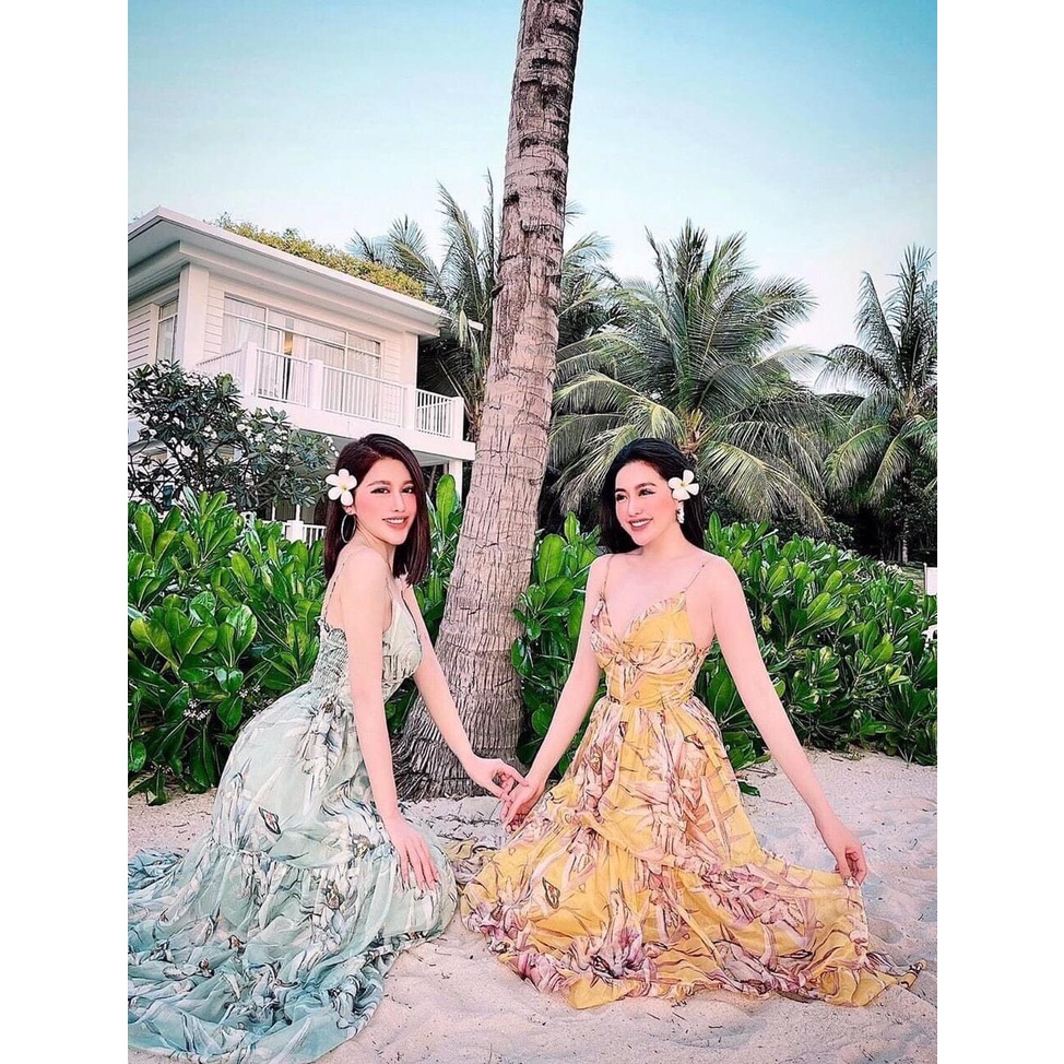 đầm maxi đi biển von lụa họa tiết hoa siêu xinh (kèm hình thật)