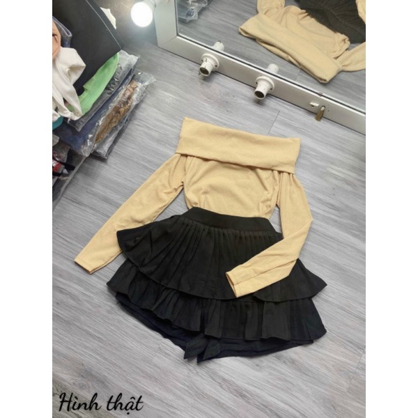 Áo bẹt vai tay dài  nữ chất thun gân dầy trang phục thu đông