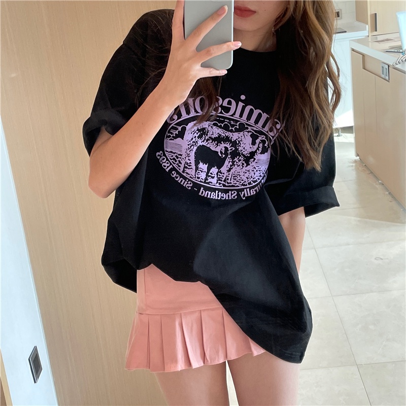 Áo thun cổ tròn tay ngắn dáng rộng in họa tiết phong cách Hàn Quốc cổ điển thời trang dành cho nữ với 5 màu tùy chọn