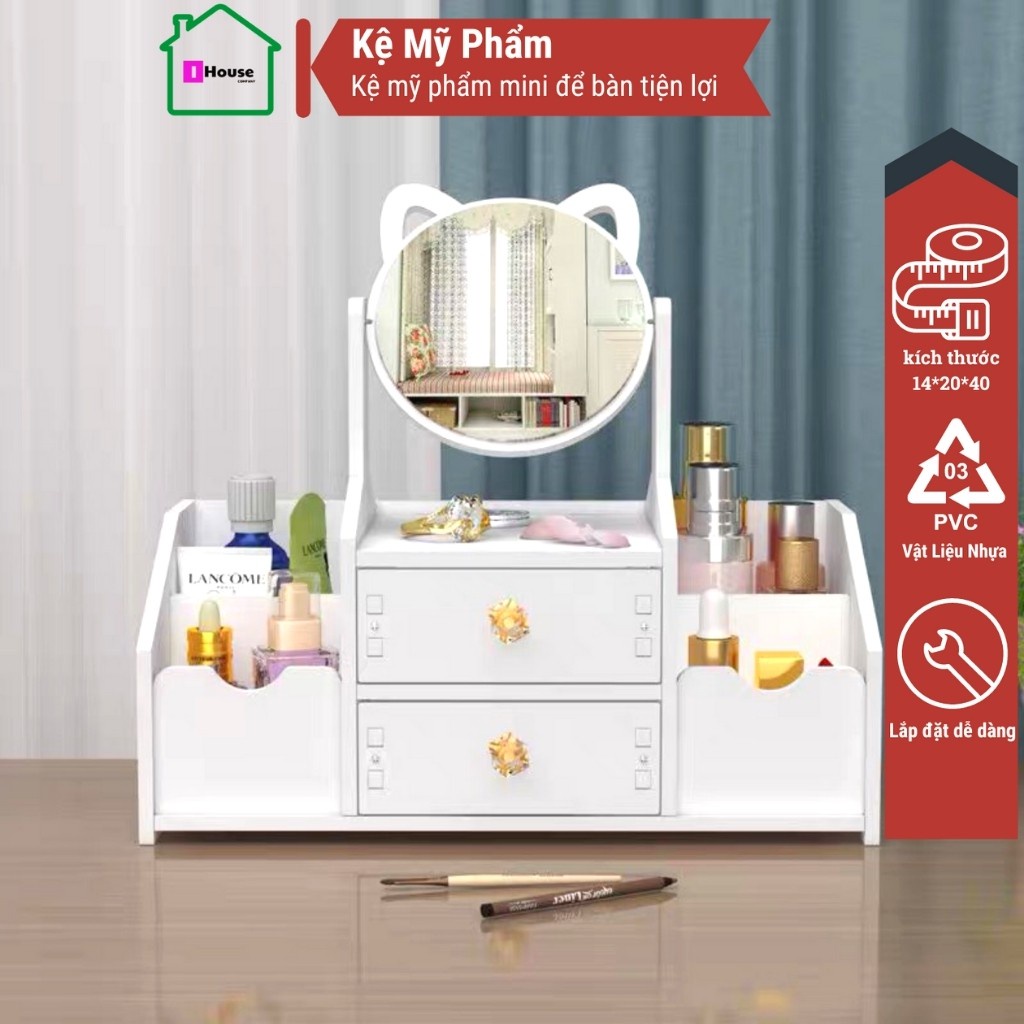 Kệ Mỹ Phẩm MiniFREESHIP Kệ Để Đồ Trang Điểm Có Kèm Gương Tai Mèo Dễ Thương