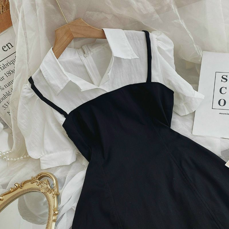 ĐẦM  ĐEN PHỐI CỔ SƠ MI TRẮNG XẺ LAI | BigBuy360 - bigbuy360.vn