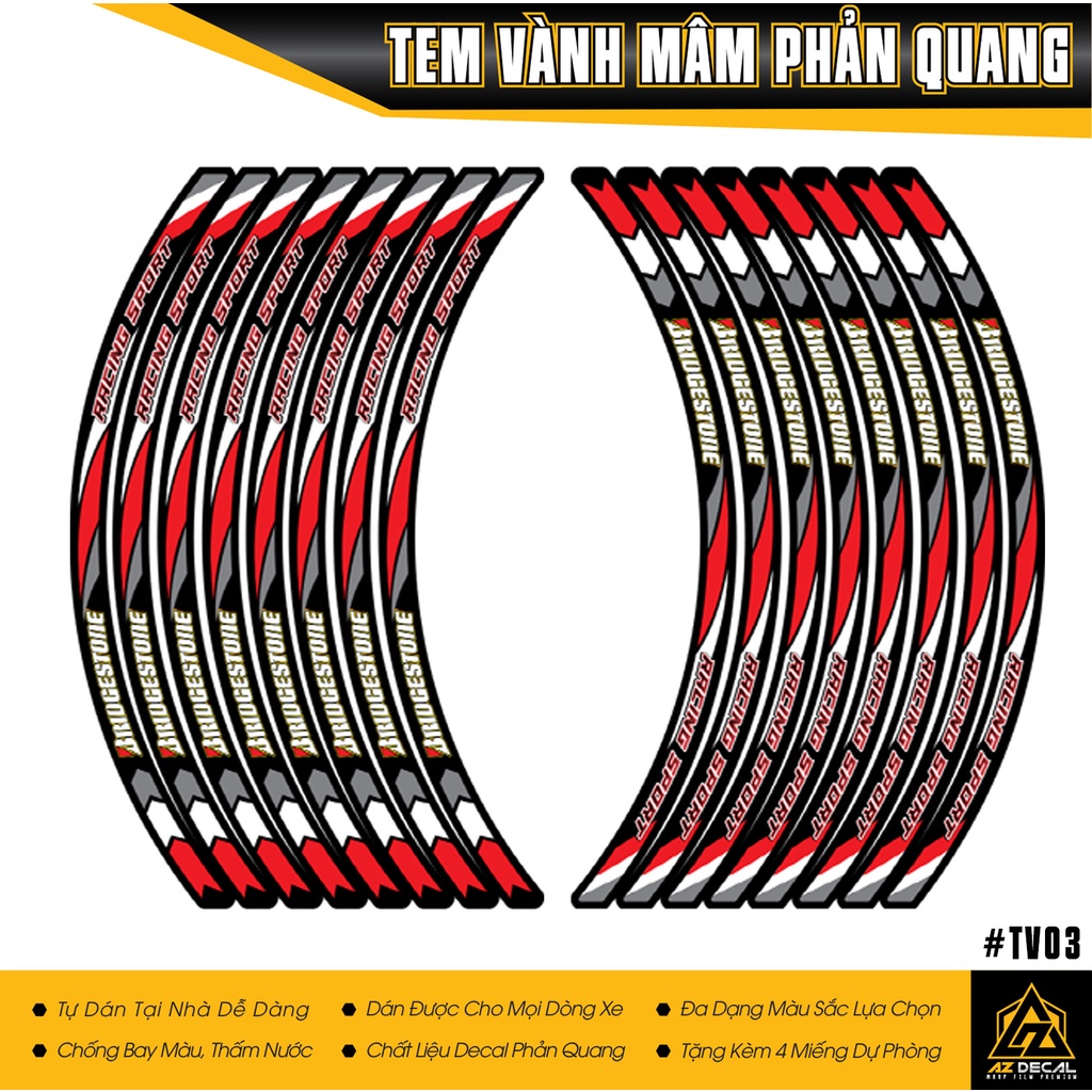 Tem Vành Mâm BRIDGESTONE - TV03 - Màu Đỏ Phản Quang | Dán Xe Máy, Xe Điện, Xe Thể Thao...Chống Thấm Nước, Chống Bay Màu