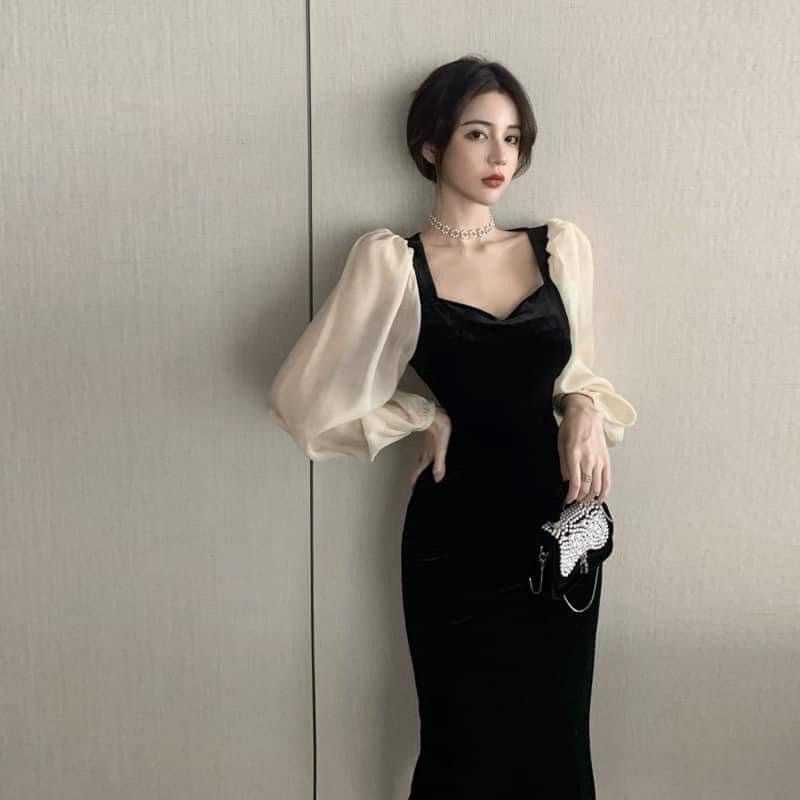 Đầm nhung body tay bồng dáng dài tiểu thư 40-80kg ( Ảnh thật cuối )