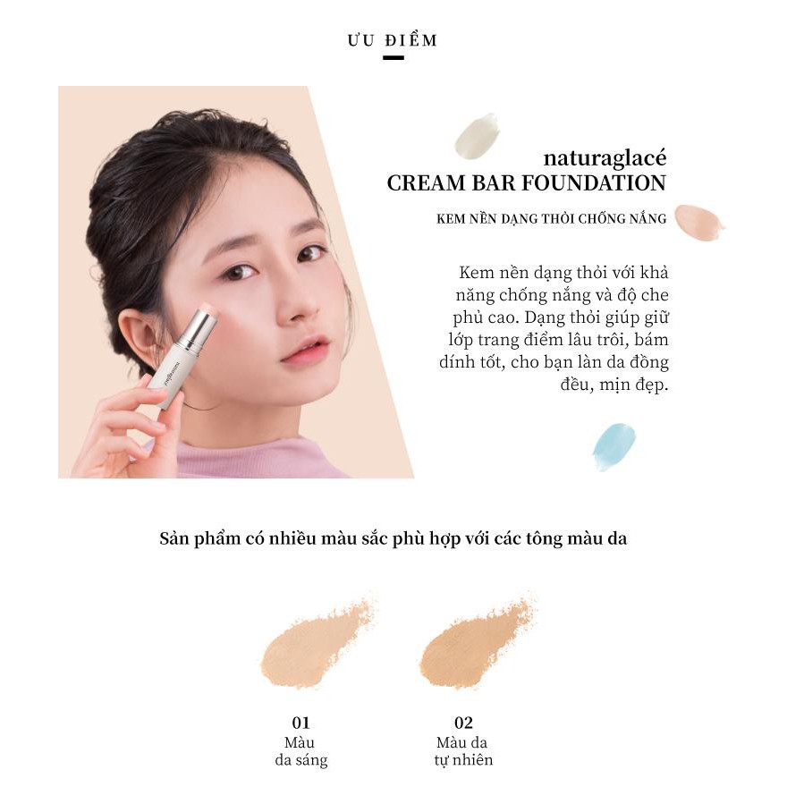 Kem nền hữu cơ dạng thỏi naturaglacé Cream Bar Foundation, chống nắng SPF50+ PA+++, 12g (02 - Màu da tự nhiên)