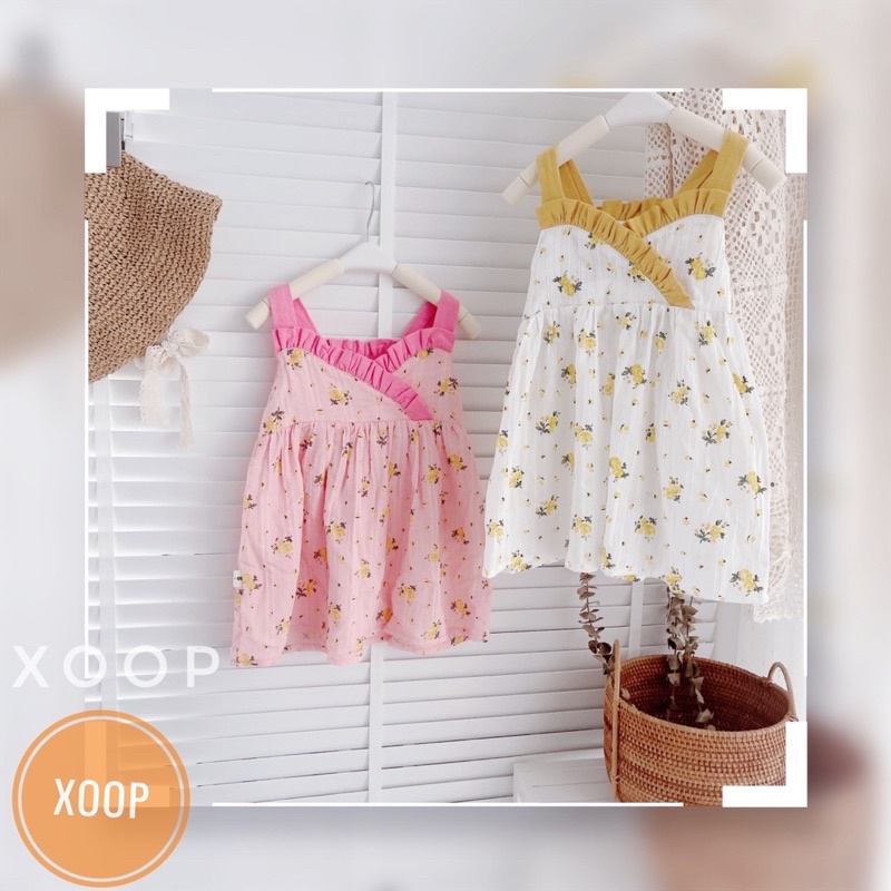 Váy 2 dây viền bèo ngực chéo cho bé gái siêu xinh