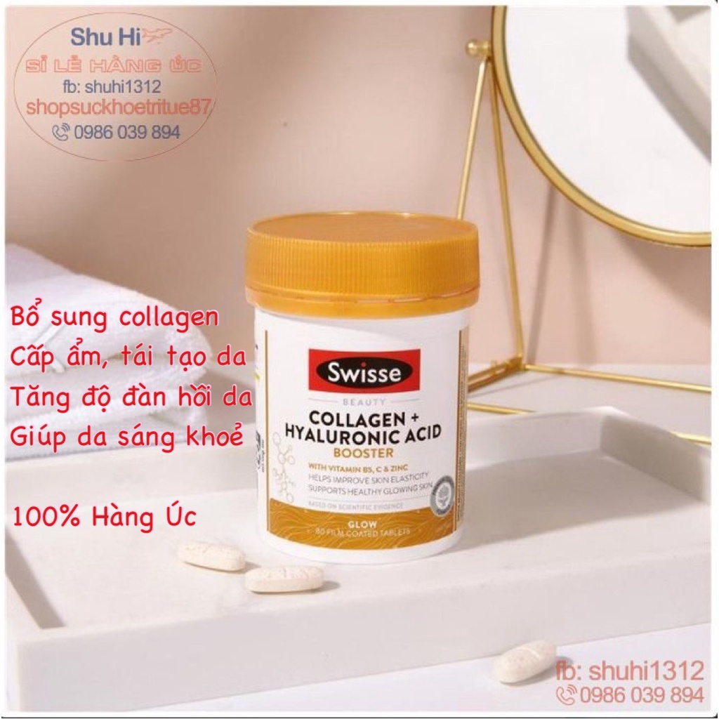 Viên uống bổ sung collagen cấp nước, cấp ẩm, trắng da Swisse beauty collagen hyaluronic acid Booster 80 viên, Úc