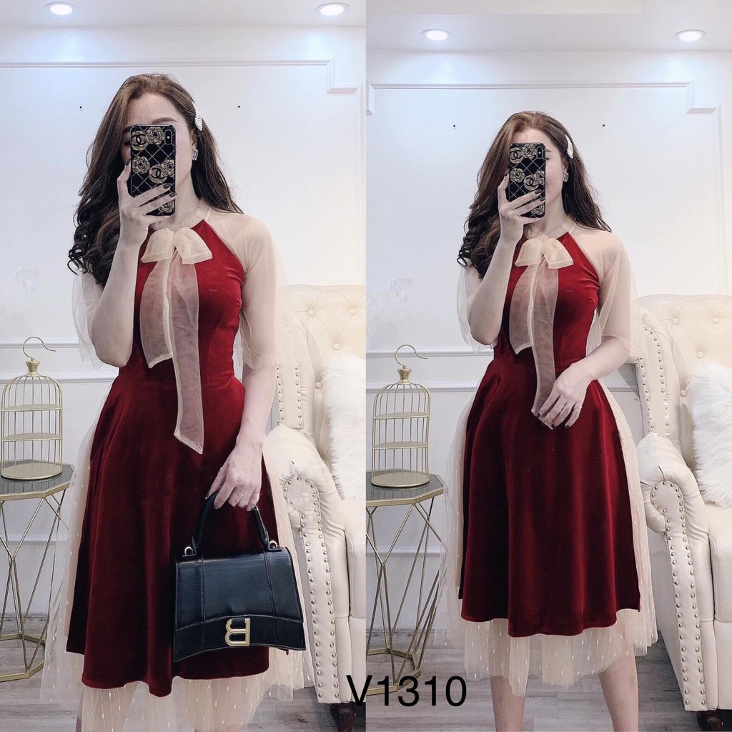 Váy nhung tay ren V1310 💝