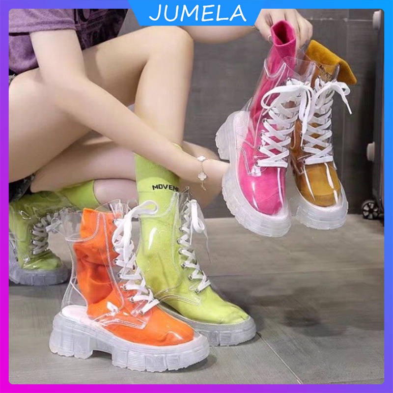 Giày boot nữ trong suốt cao cổ mũi tròn đế dày 5cm chống trơn trượt chống mài mòn phong cách hàn quốc JUMELA GB01
