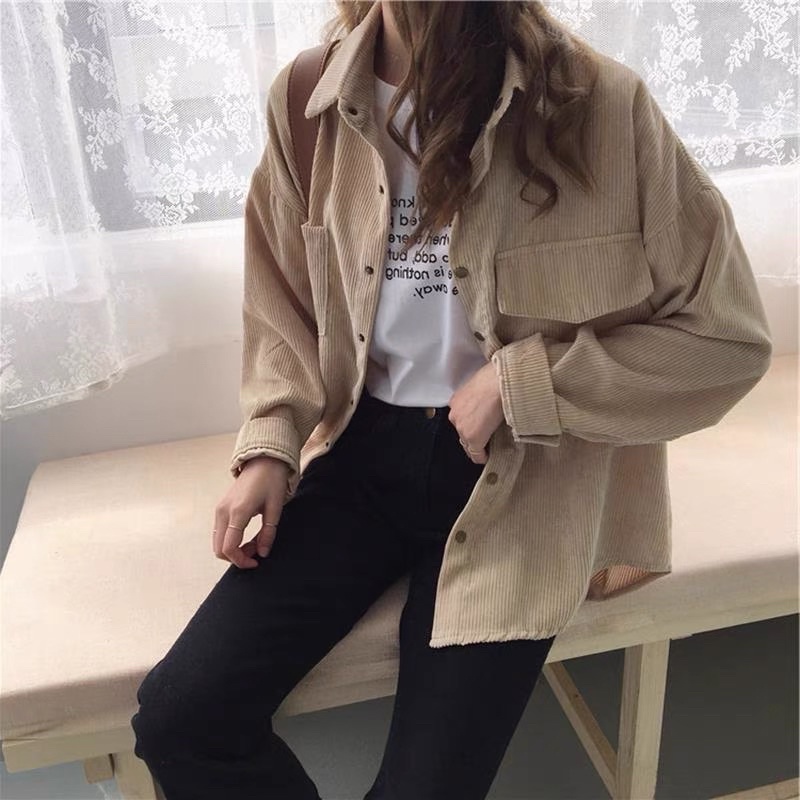 Áo khoác dáng sơmi có cổ nút cài kaki nhung gân có túi unisex ulzzang nam nữ