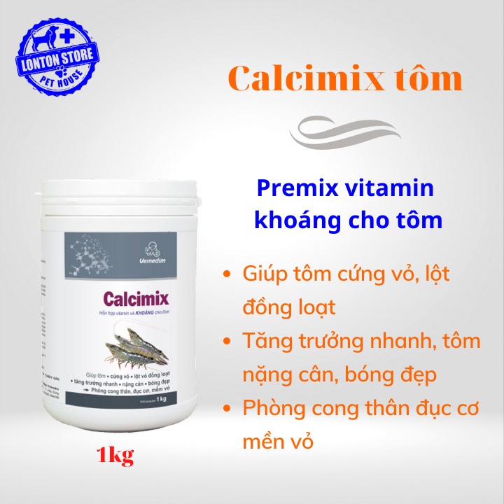 VEMEDIM Calcimix tôm, hỗn hợp vitamin, canxi, photpho và khoáng cho tôm, Hộp 1kg