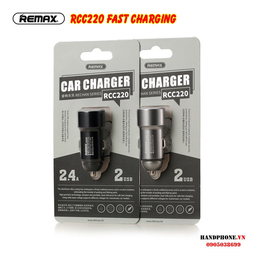 Củ Sạc Nhanh Reamax RCC220 cho Ô Tô, Xe Máy đầu ra 2 cổng USB 2.4A vỏ hợp kim nhôm- Fast Charging