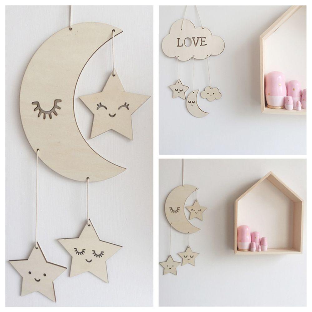 Phụ Kiện Treo Tường Trang Trí Hình Trăng Sao Bằng Gỗ Phong Cách Bắc Âu