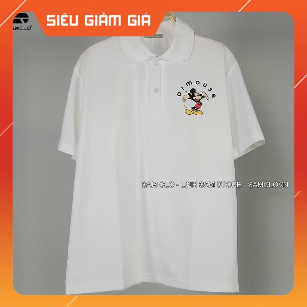 Áo thun POLO nữ tay lỡ có cổ phông form rộng freesize unisex mặc đi học, cặp, nhóm, lớp chữ AR MOUSE hình MICKEY