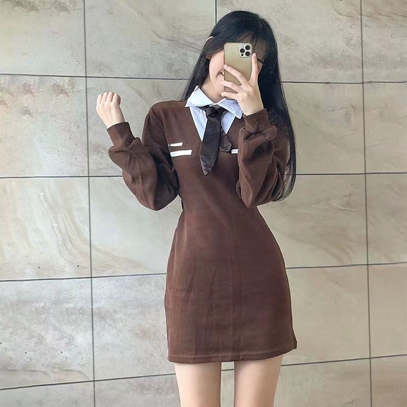 Jiashucheng Đầm Sơ Mi Thắt Eo Phong Cách Preppy Mỹ Cổ Điển Hot Girl