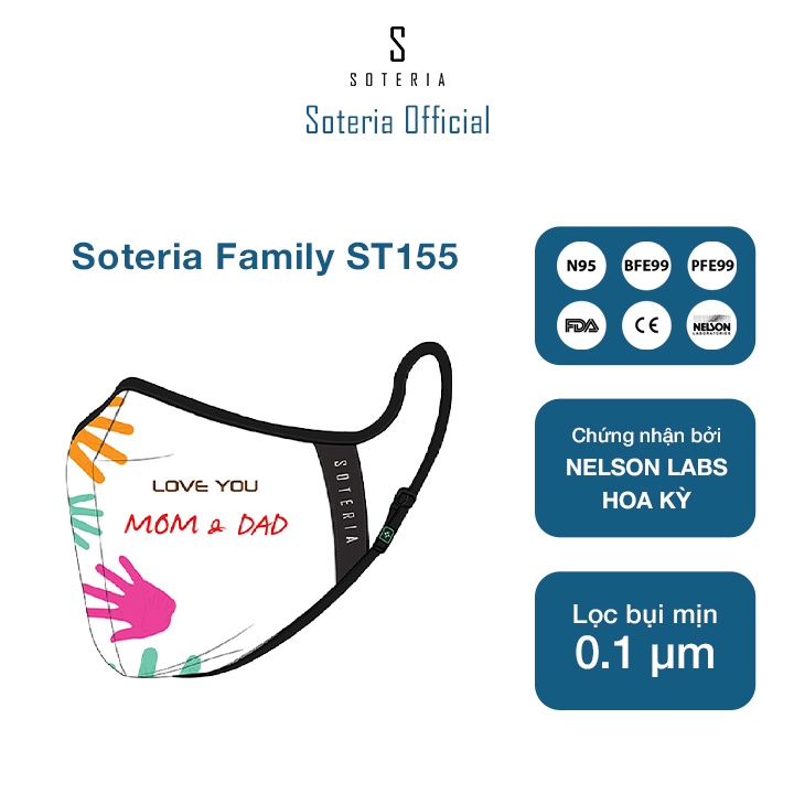 Khẩu trang tiêu chuẩn Quốc Tế SOTERIA Family ST155 - Bộ lọc N95 BFE PFE 99 lọc đến 99% bụi mịn 0.1 micro- Size S,M,L