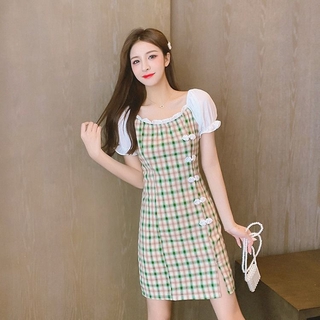 Đầm Sườn Xám Cách Tân Cổ Vuông Tay Phồng Họa Tiết Caro Thời Trang