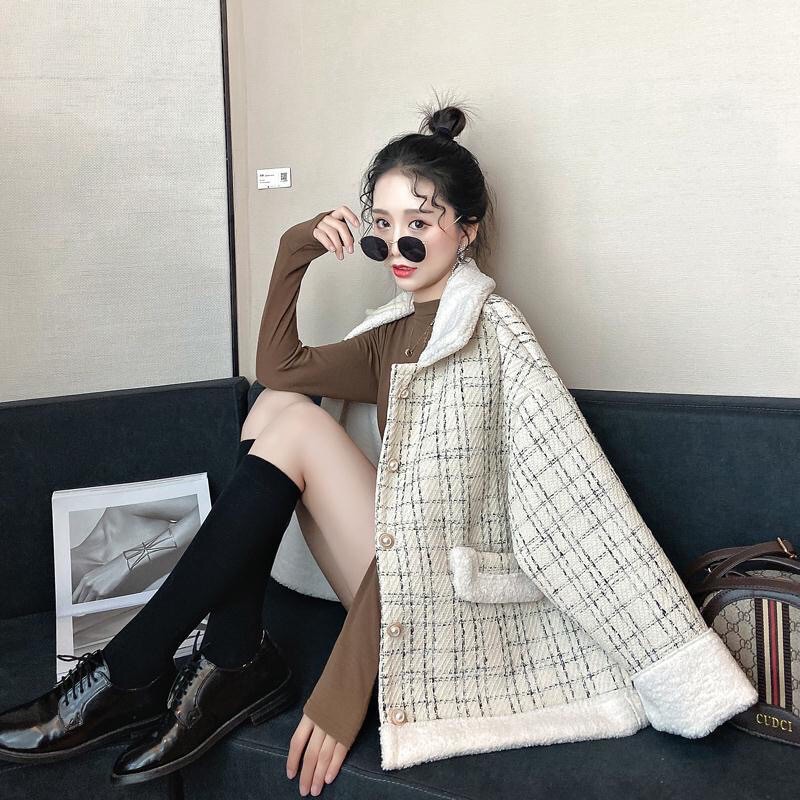 Áo khoác dạ tweed cổ tay bông lót bông [Ảnh thật 3-9]