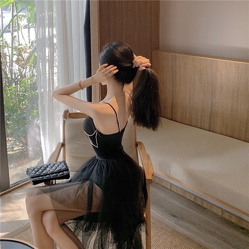 Set áo 2 dây croptop ôm body sexy hở vai lưng viền đính đá dây kéo + váy lưới đen lưng cao ngắn ulzzang