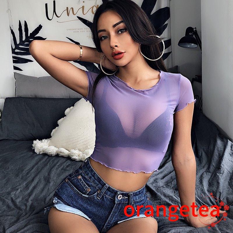 Áo croptop ngắn tay xuyên thấu gợi cảm dành cho nữ