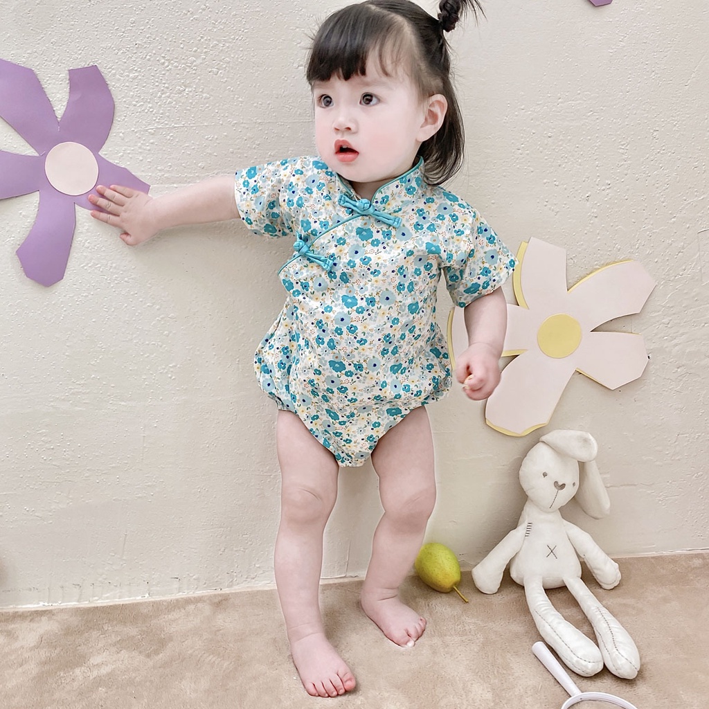 Bộ Áo Liền Quần Bằng Cotton Màu Xanh Dương In Họa Tiết Hoa Xinh Xắn Thời Trang Cho Bé Gái Sơ Sinh 0717