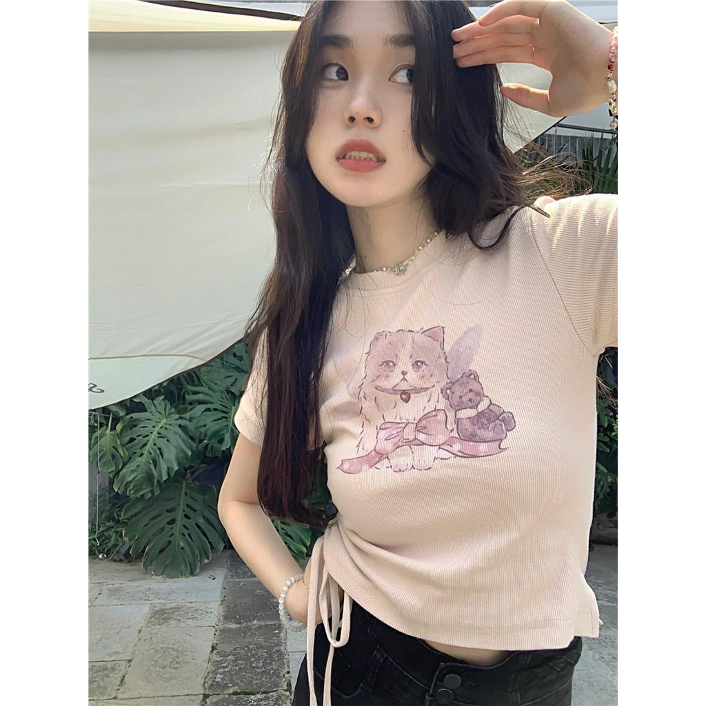 Áo Thun Tay Ngắn Rút Dây In Hình Mèo Phong Cách Mới 63138