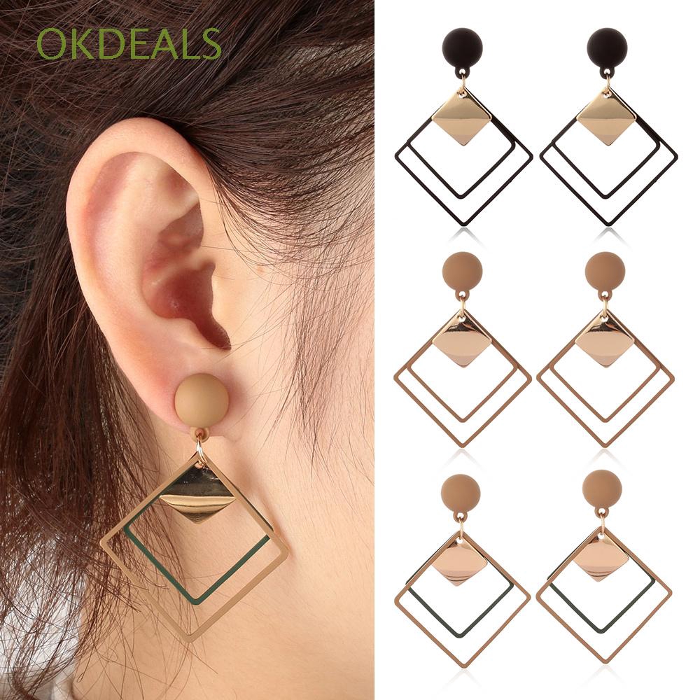 Bông tai kim loại họa tiết hình học dáng dài phong cách thời trang cổ điển