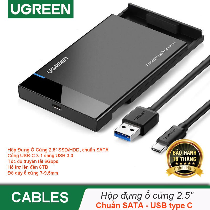 Hộp đựng ổ cứng 2.5inch SSD, HDD hỗ trợ 6TB, chuẩn SATA III, SATA II UGREEN US221 vỏ nhựa ABS cao cấp | BigBuy360 - bigbuy360.vn
