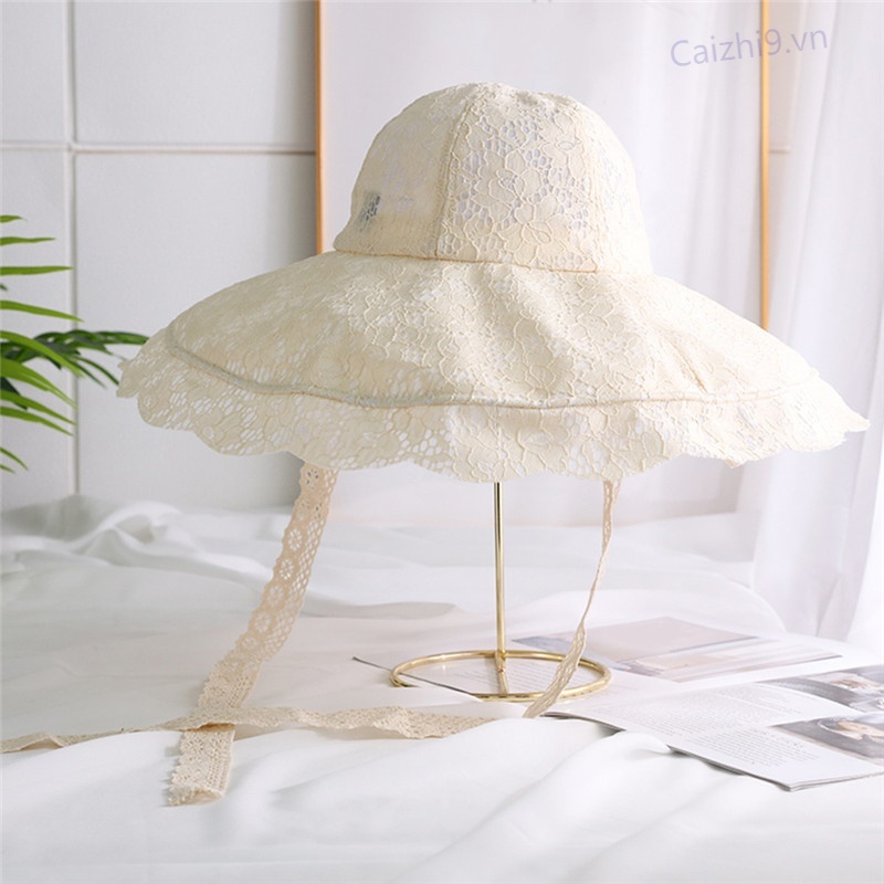 Mũ tai bèo vành rộng phối ren hoa thời trang đi biển mùa hè cho nữ