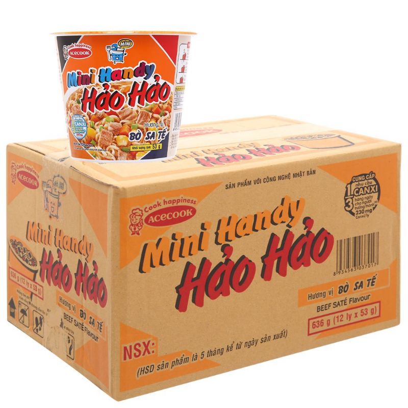 Thùng 12 ly] Mì Ăn Liền Mini Handy Hảo Hảo vị Bò Sa Tế/ Tôm chua cay 53g