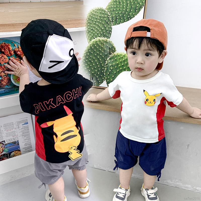 🍓Trẻ Em Se7en🍦Set Áo Thun Ngắn Tay In Hình Pikachu Hoạt Hình + Quần Short Thời Trang Cho Bé
