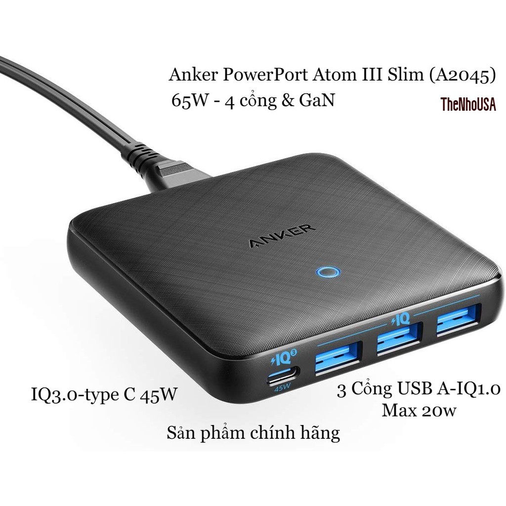 Sạc 4 cổng Anker Powerport III Slim 65W GaN - IQ3.0 (A2045)