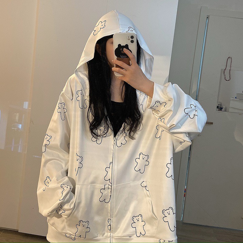 Áo khoác hoodie nữ hình gấu trắng chất nỉ mỏng form rộng phong cách ulzzang LALY A03 | BigBuy360 - bigbuy360.vn