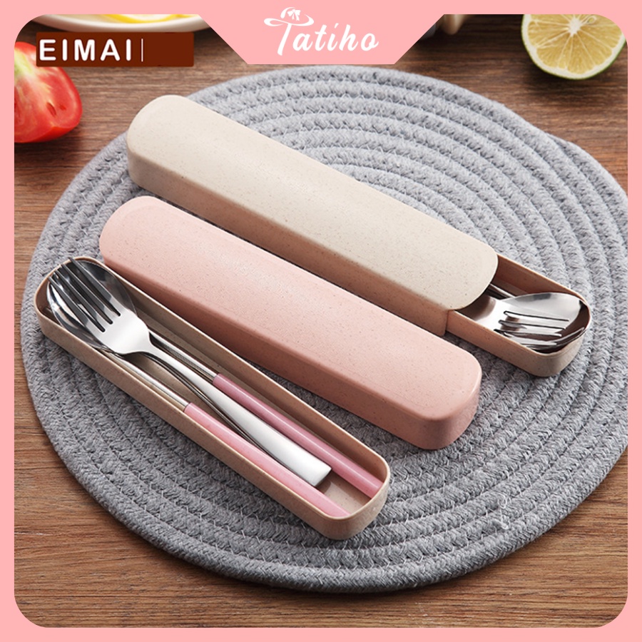 [Hàng Xịn, Giá Tốt] Bộ 3 Món Đũa, Muỗng, Nĩa Lúa Mạch Chất Liệu Inox 304 Không Rỉ Kèm Hộp - Mã HH003