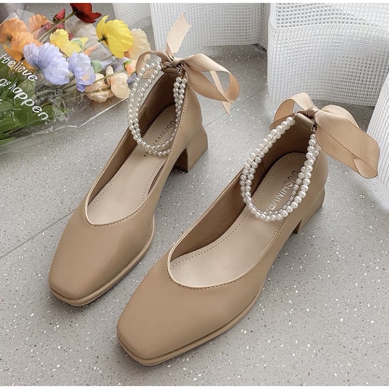 Giày búp bê mũi vuông quai ngọc mix dây thắt nơ phong cách tiểu thư thời trang