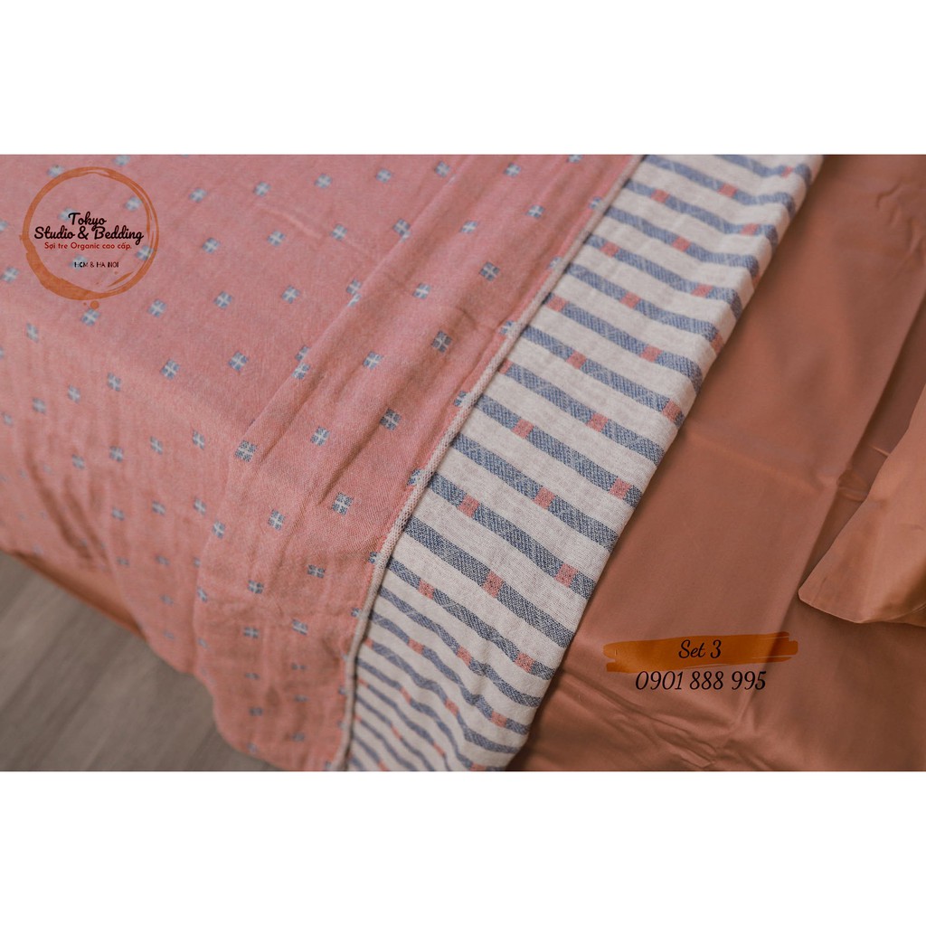 Set 03_ Chăn Xô Cotton Sợi tre Organic dòng Basic &amp; Ga gối Lụa